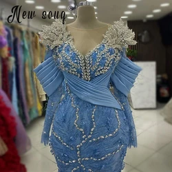 Long Sleeve Light Blue Evening Dress 3D Flower Glitter Crystals Wedding Dinner Party Gowns Long Mermaid Engagement Dress Arabic