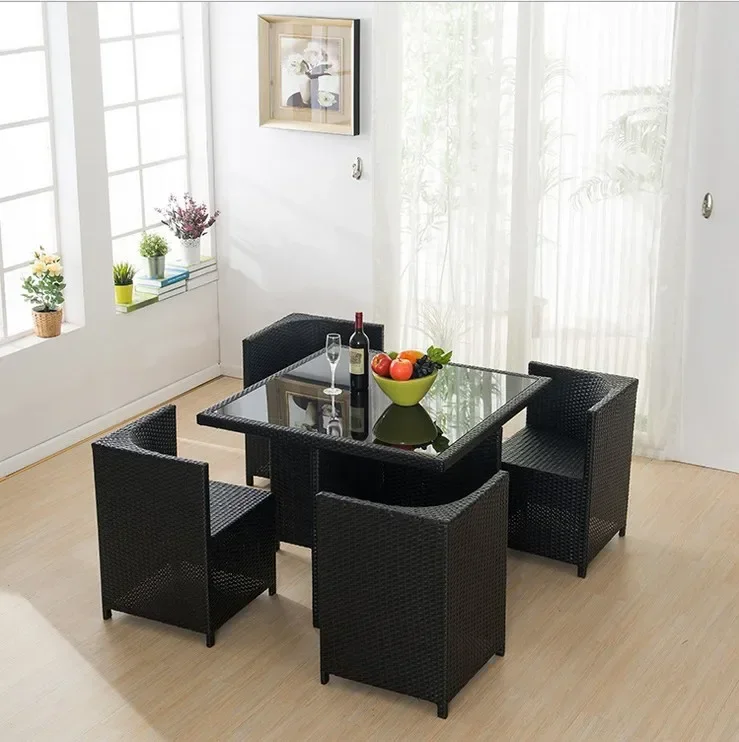 Outdoor Furniture High Quality Waterproof White Wicker 4 Sets Rattan Dining Tables and Chairs With Drawer
