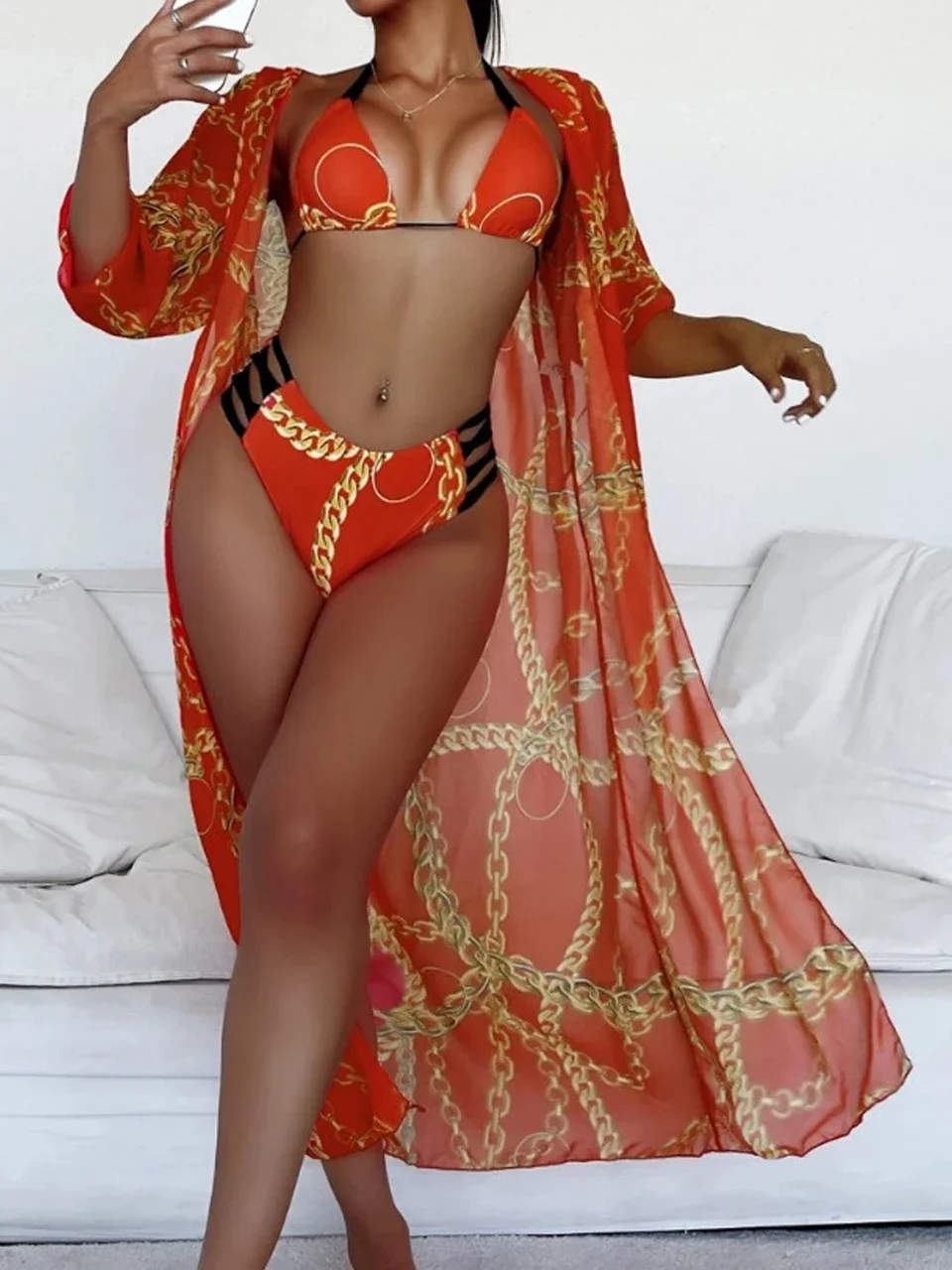 

3 Pieces High Waist Bikini 2025 Printed Swimsuit Women & Kimono Swimwear Female Sexy Bather Bathing Swimming Swim Suit Beachwear