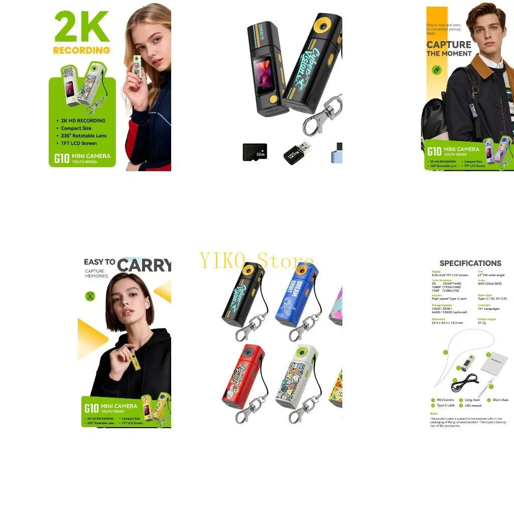 K32C Mini Keychain Camera 2K Video Recording Lens 32GB Memory Card Type C Adapter And Card Reader For Vlog Selfies