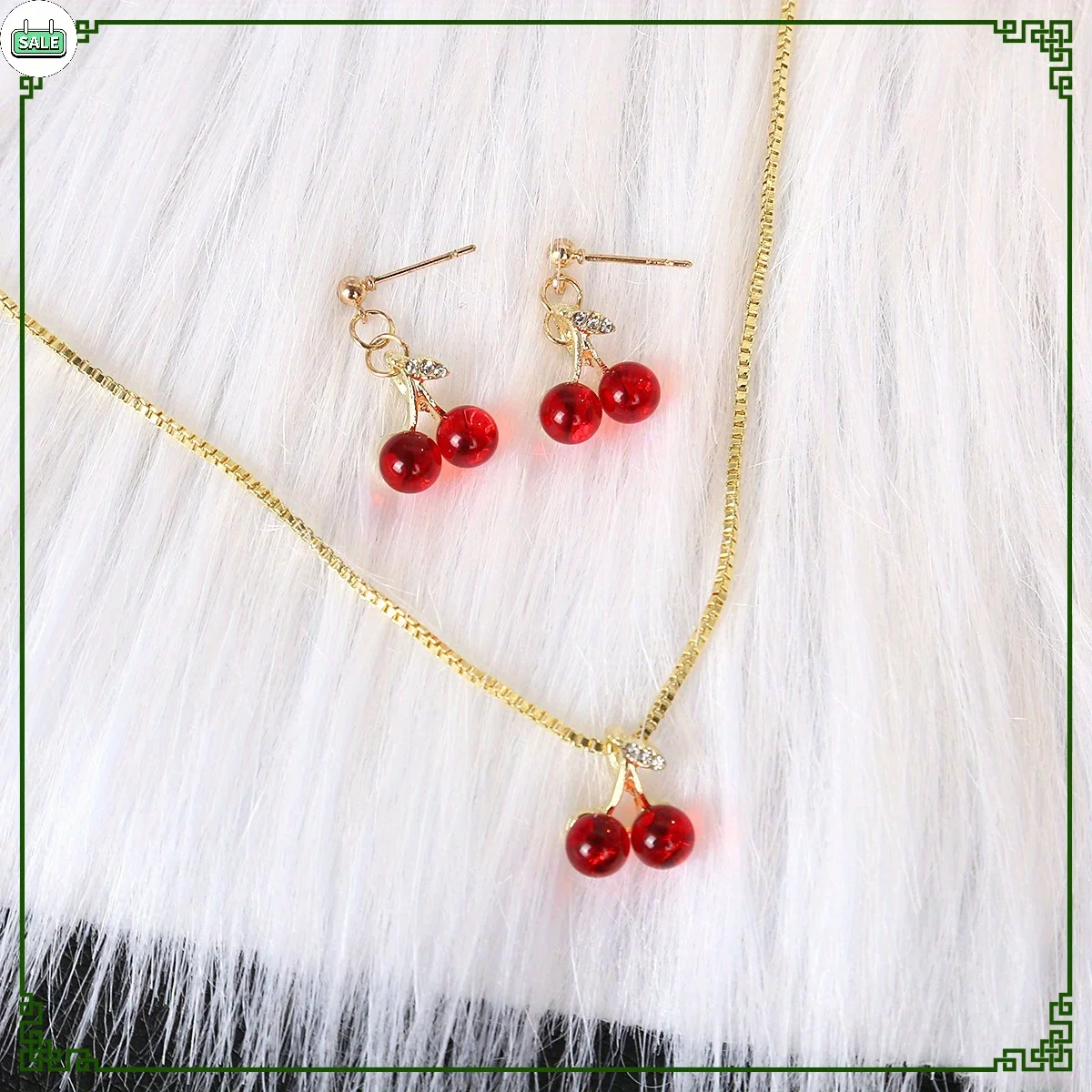 French Retro Pomegranate Cherry Jewelry Set 3Pcs - Diamond Necklace & Earrings, Sweet Fashion Gift for Her