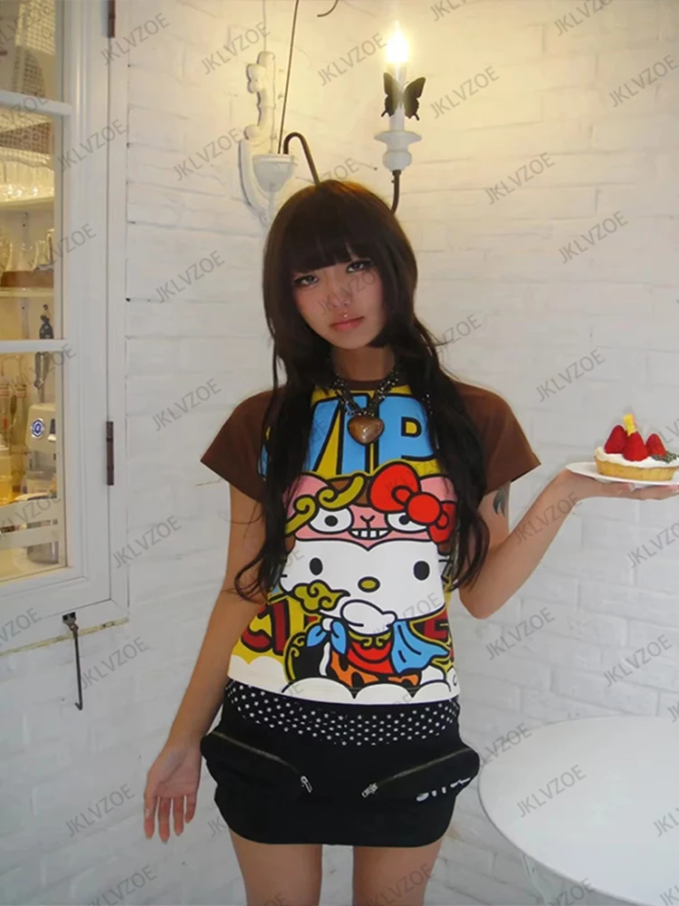2025 Summer New Cute Cartoon Sanrio HelloKitty Anime Print T-shirt For Women Short Sleeve o-neck Tees High Street Gothic Y2K Top image 2