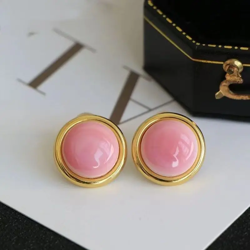 Fresh Art Style Pink Enamel Round stud earings New in high-level Cute Small earrings for women Minimalist style Party Jewelry