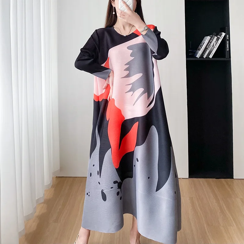 Miyake Women's Printed Pleated A-line O-Neck Dress Versatile Loose Fit Spring/Summer 2024 New Long Sleeve Fashion and Unique