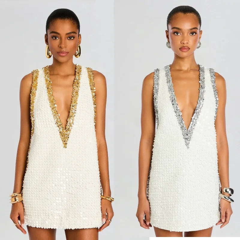 

Europe and America Spring and Autumn New Collection Vest Sequins Dress Loose Party Women's Dress Deep V Short Skirt