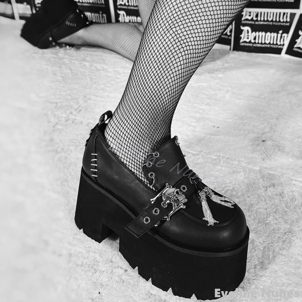

Неглубокие лоферы с кисточками и черепом, женские ботильоны без шнуровки на платформе с круглым носком и массивным каблуком, новинка 2025, женская обувь в стиле панк Hotties
