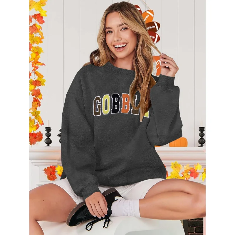 Thanksgiving sweatshirt women's colorful letter printed long sleeved round neck autumn pullover