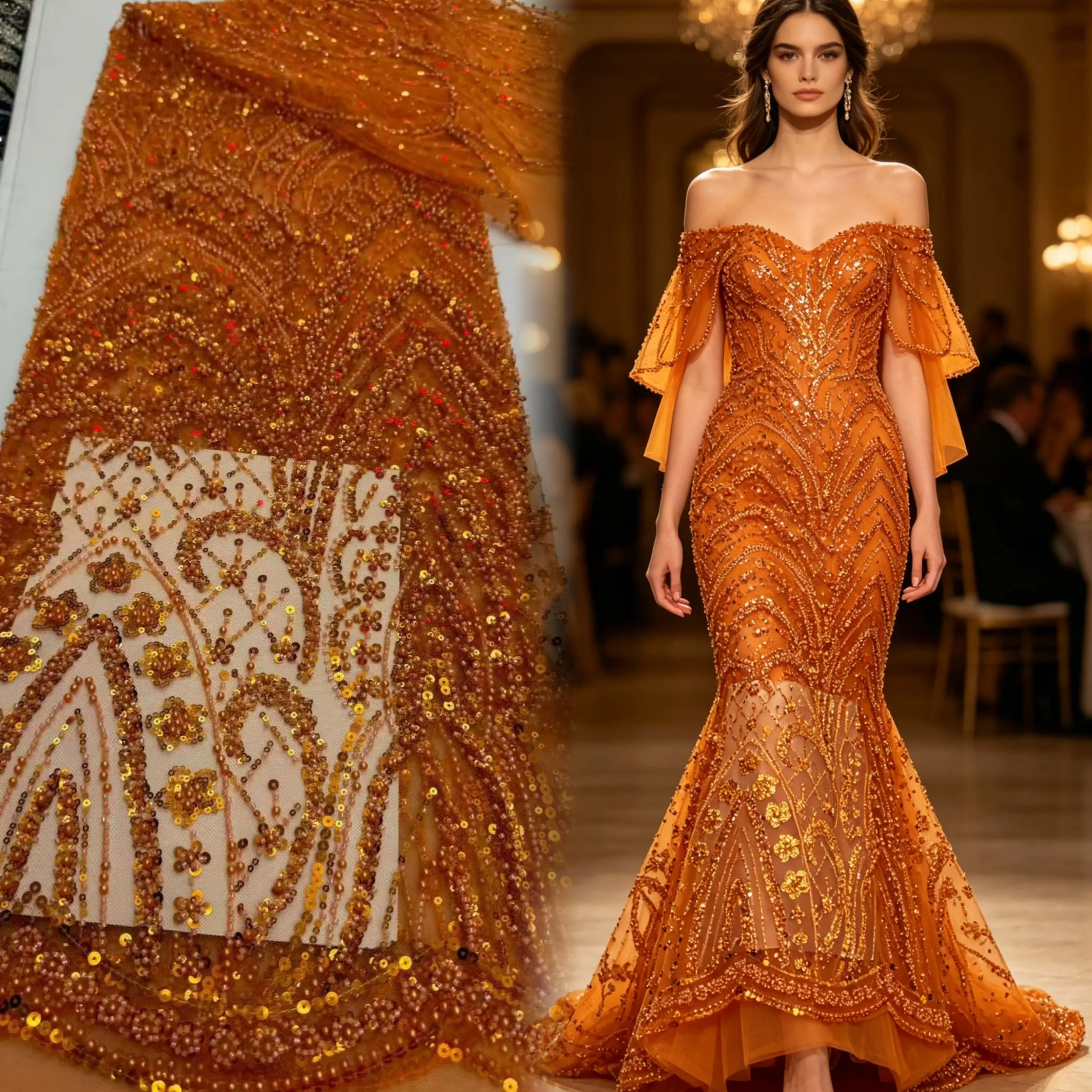 

Elegant African Golden Bead Lace Fabric High-Quality Nigerian Chiffon Sequin Lace Fabric Suitable For Wedding Party Dress Sewing
