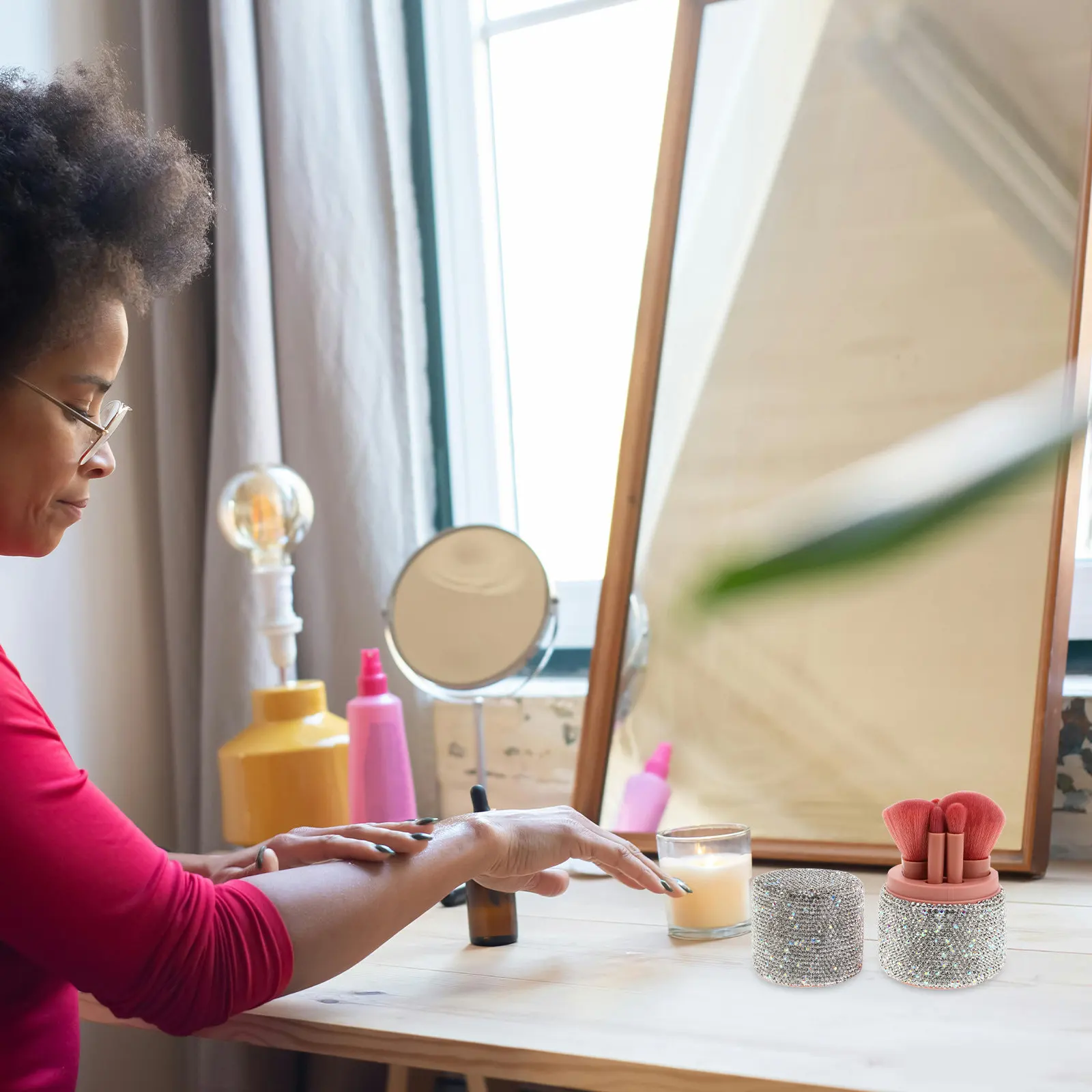 مجموعة منظم فرش المكياج المزين بالكريستال اللامع، حافظة محمولة للسفر، حامل لفرش الوجه والعين والبودرة