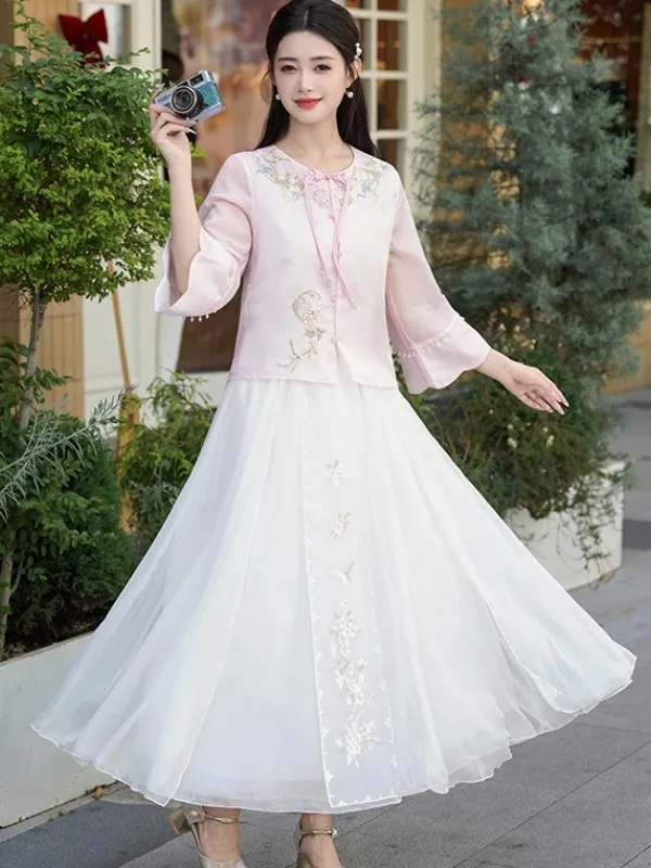 Elegant Embroidered Stand Collar Top with Floral Half Skirt And Button Detail Chinese Style Women's Fashionable Traditional C...