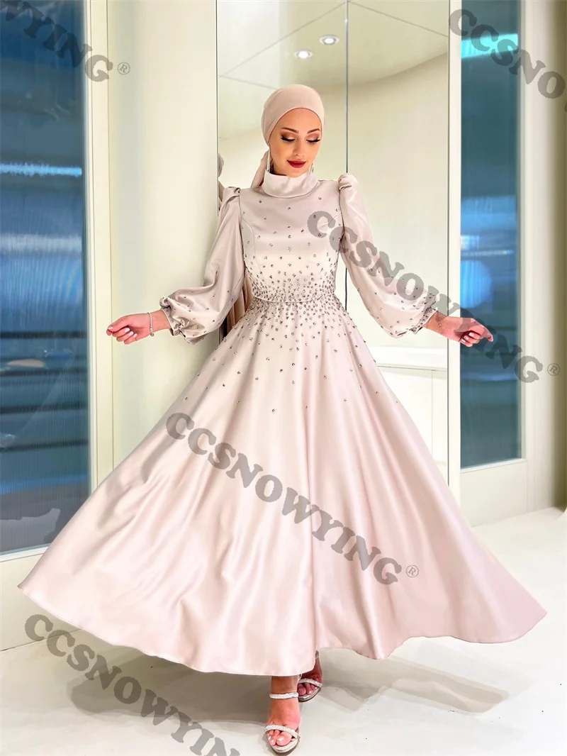 Vestidos Hijab de cetim frisado para mulheres muçulmanas, manga comprida, gola alta, islâmico, vestido de festa formal, árabe, Dubai