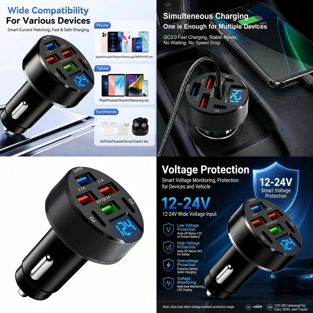 6 in 1 Multi Port Car Charger with LED Digital Voltage Display 100W QC3.0 PD Fast Charge USB Adapter for iPhone Samsung Tablet
