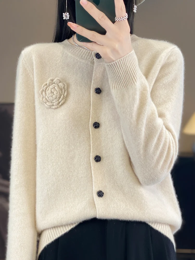 Pure wool knitted cardigan, Spring and Autumn new round neck, solid color, simple and fashionable rose top [no returns allowed]