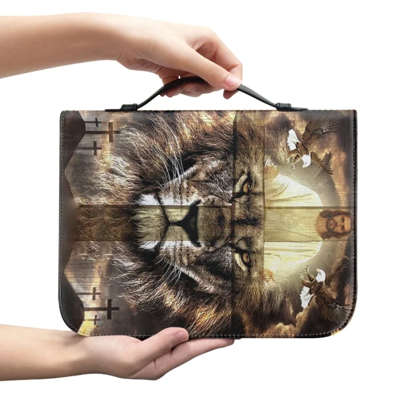 

Divine Guardian with Lion and Savior Imagery Personalized Print Church Bible Cover Case PU Handbag Study Book Holy Storage Boxes