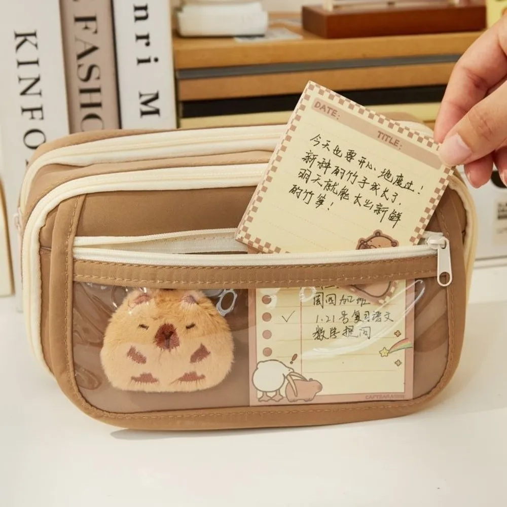 7Pcs Spacious Compartment Capybara Pencil Case Large Capacity Zipper Closure Pen Bag Nine Layers Doll Stickers