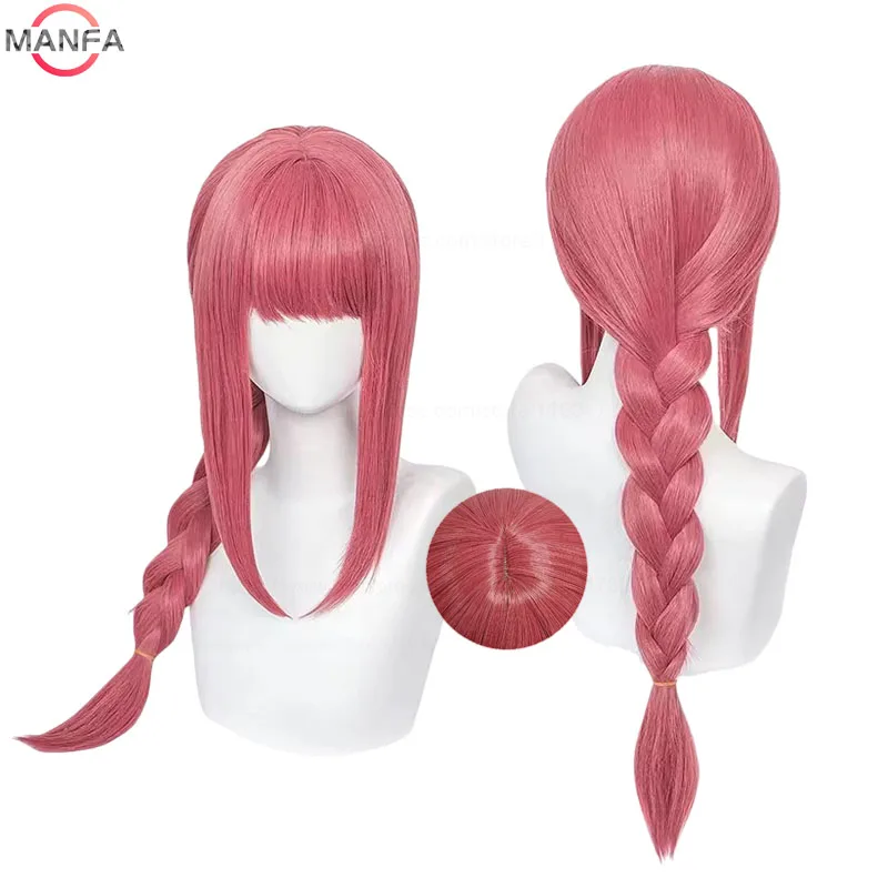 

High Quality Makima Cosplay Wig Anime Chainsaw Man Long Coral Pink Braided Heat Resistant Hair Role Play Wigs + Wig Cap