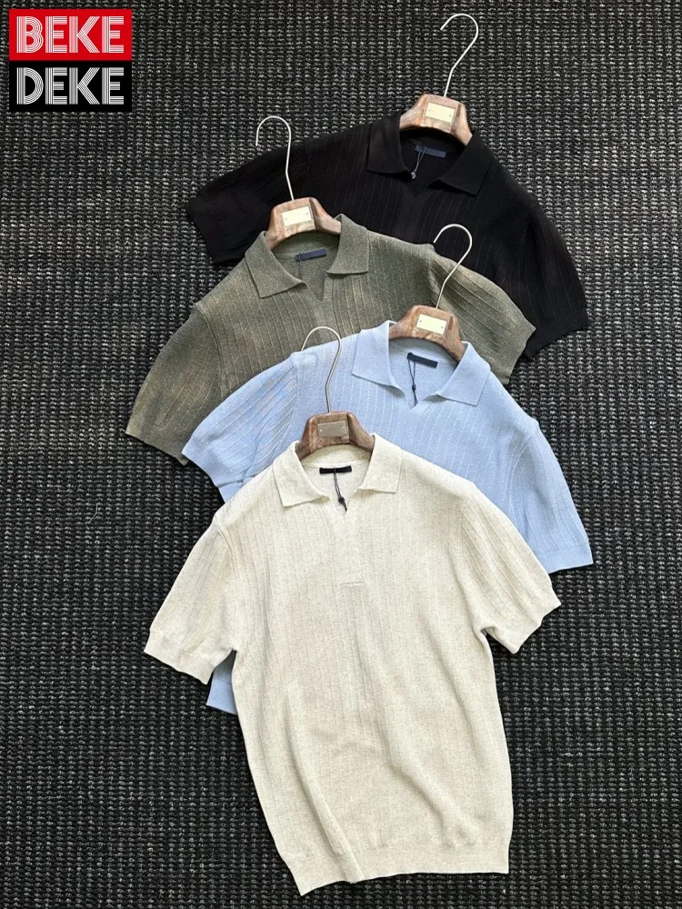 New Designer Mens Summer Breathable Linen Tees Tops Solid Colors Comfortable Short Sleeve Lapel Collar Pullover Business T-Shirt