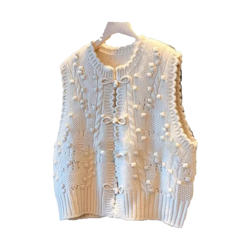 

New Chinese Sle Women's Knitted Sweater Vest Autumn Outerwear Camere National Trend ort Length Buttoned Ba Jaet