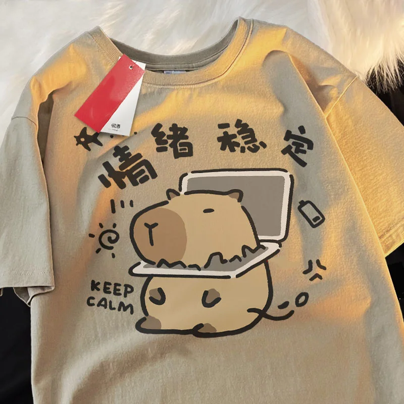 

Летний свободный повседневный универсальный топ с короткими рукавами и принтом Kapibala оверсайз