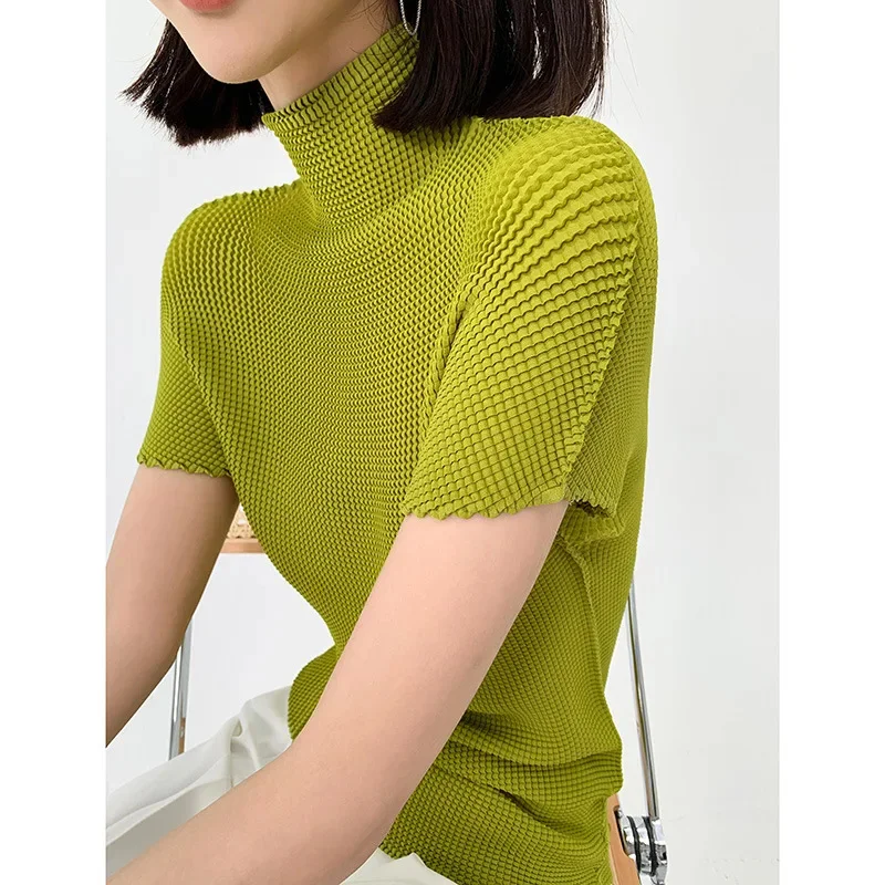 Summer New Avocado Green Short Sleeve Stand Collar Top Miyak fold Fashion plus size high elastic women's short-sleeved T-shirt