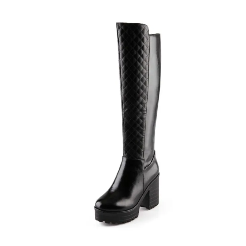 34-43 High Heel Woman Boots Plaid Pattern Platform Knee-High Boots Roma Slip on Knight Boots 9.5CM Coarse Following Winter Shoes
