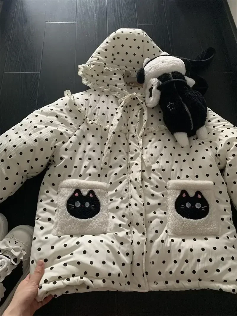 High Quality Winter Thicken Coat Lolita Dot Parkas Coat Japan Cute Cat Embroidery Ruffled Sweet Puffer Jacket Y2K E-girl Kawaii