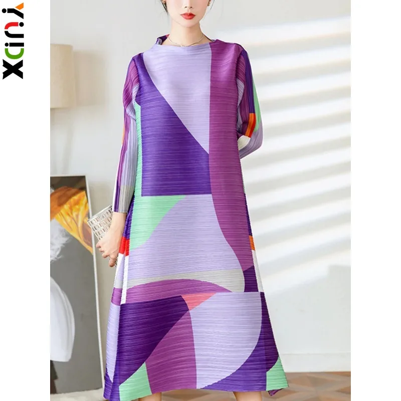 YUDX Miyake Pleated Print Dress For Women Medium Long Stand Collar Niche Design Loose Pullover A Line Female Spring New 2024