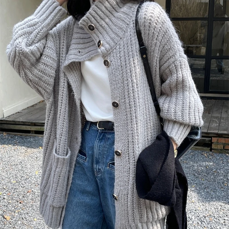 

2026 Cardigan Women Knitted Sweaters Solid Jumpers Stand Collar Long Sleeves Pockes Single Breasted Loose Casual Autumn Winter