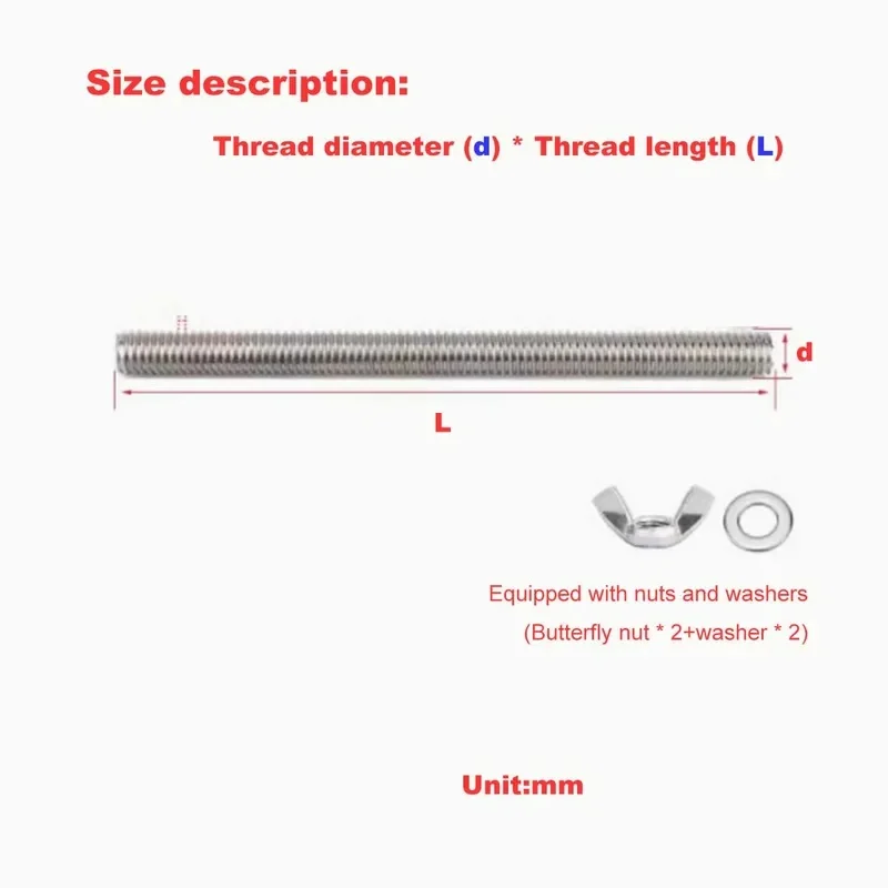 304 Stainless Steel Through Wall Screw Set With Butterfly Wing Nut Threaded Rod M3 M4 M5