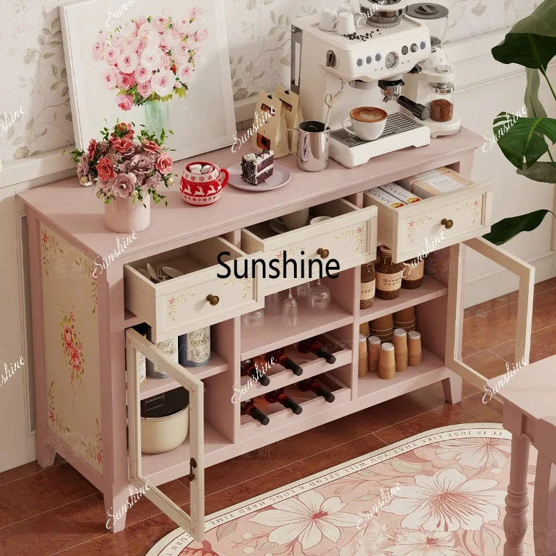 Retro French solid wood wine cabinet hand-painted coffee cabinet household dining side storage cabinetTJ