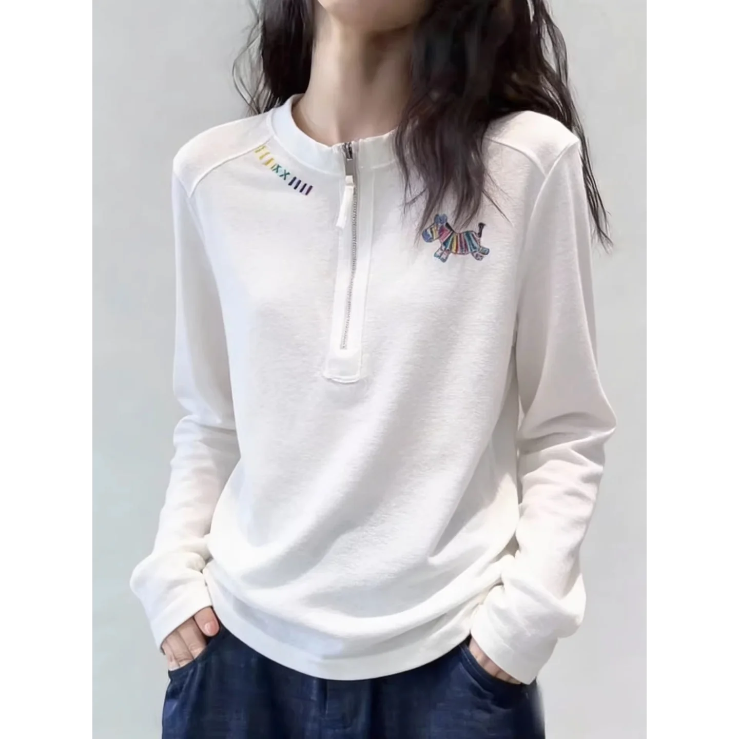 

Loose Long Sleeve round Neck T-Shirt Women's Premium Feel Spring White Zipper Design Cartoon Print Top Commute Style