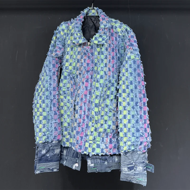 PFHQ Male Washed Worn Out Plaid Denim Jackets Wearproof High Street Patchwork Zipper Colorful Heavy Industry Coat Spring 21Z4274