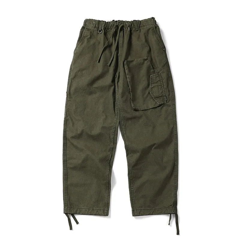 Japanese Retro Heavyweight Washed & Distressed Cargo Pants for Men Streetwear Spring/Autumn Multi-Pocket Loose Fit Straight Wear