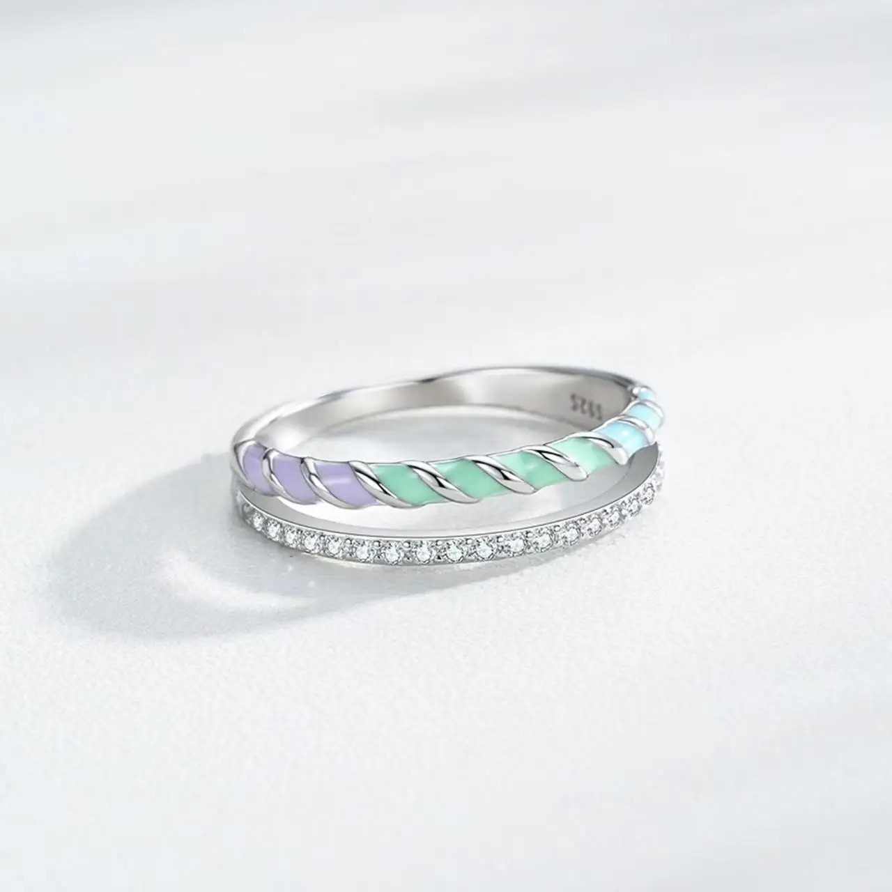 

S925 Silver Dopamine Enamel Diamond Set Ring, Female Design, Personalized, High end, Double layered Stacked Ring