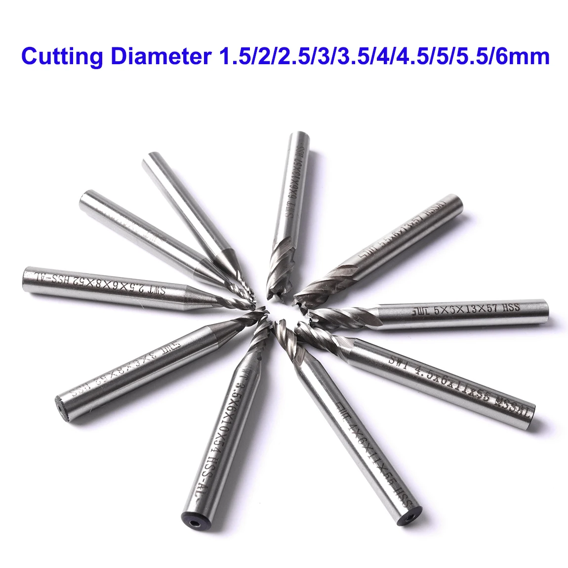 New 10Pcs/Set HSS CNC 4 Flutes Straight Shank End Mill Milling Cutter Drill Bit Cutting Diameter 1.5/2/2.5/3/3.5/4/4.5/5/5.5/6mm