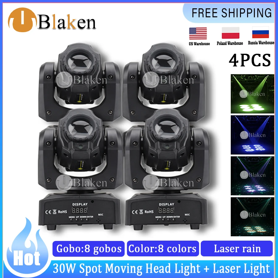 

No Tax 4Pcs Sunart 30W LED Laser Spot Moving Head Stage Effect Lighting For DJ Disco Events Party DMX Lamp 8 Gobos Colors Beam