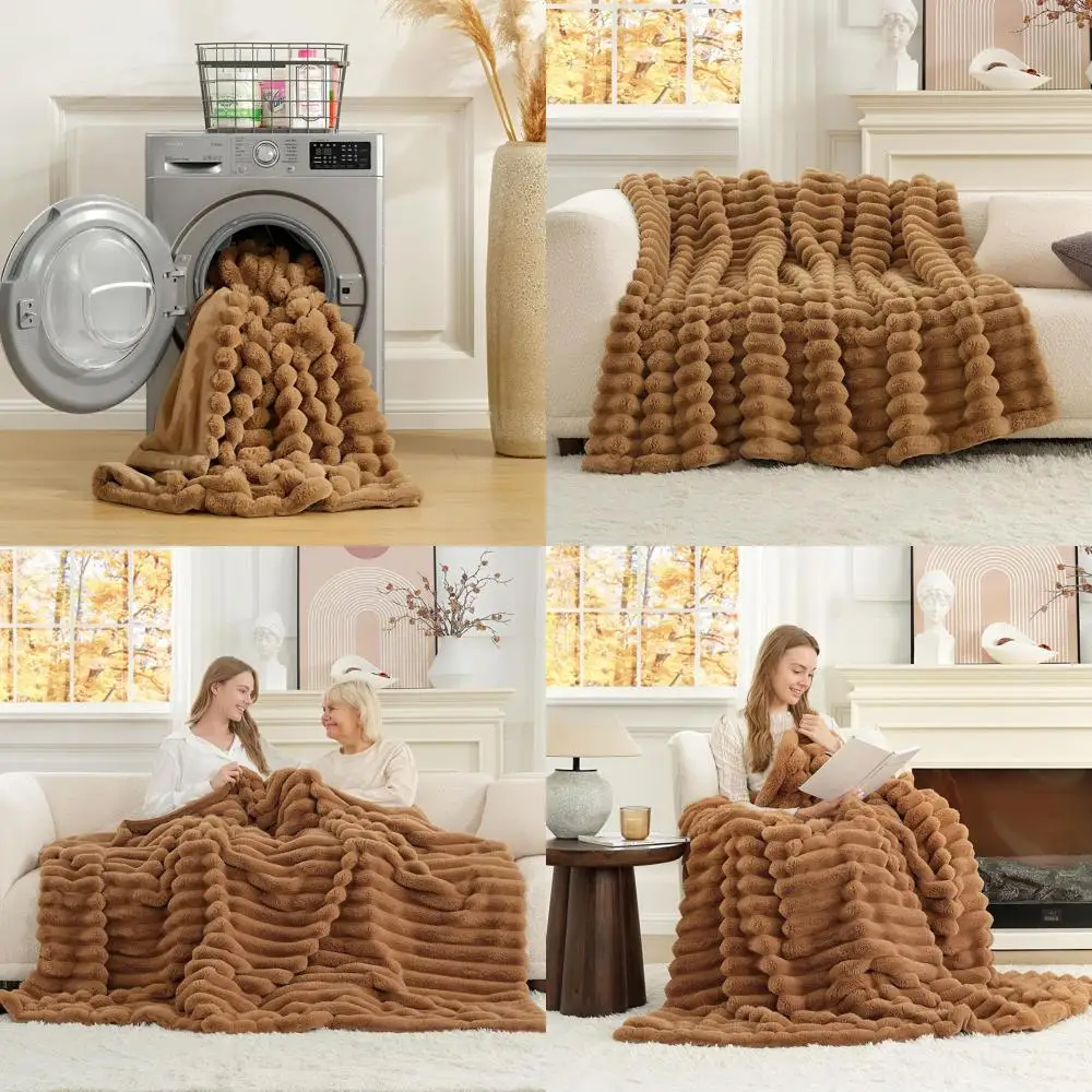 

Cozy Plush Striped Faux Fur Blanket, 60x80, Warm Sofa Throw for Living Room & Bedroom, Toasty Brown