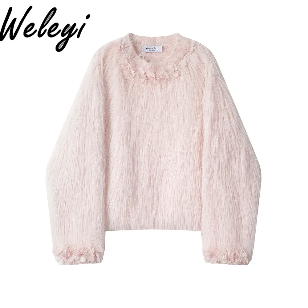 

High-end Winter Inner Pink Furry Knitted Sweater Female Elegant Women's Round Neck Long Sleeve Short Pullovers Knit Top Feminino