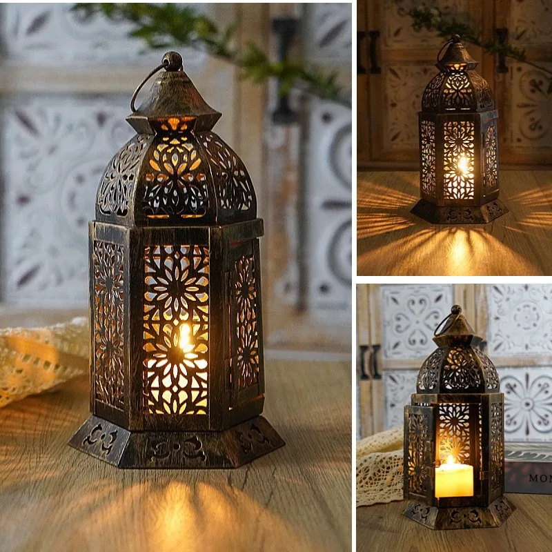 1PC Metal Retro Moroccan Lantern Candelabra, Candle Holder, Iron Candelabra, Hurricane Lamp Candelabra Decoration, Suitable for