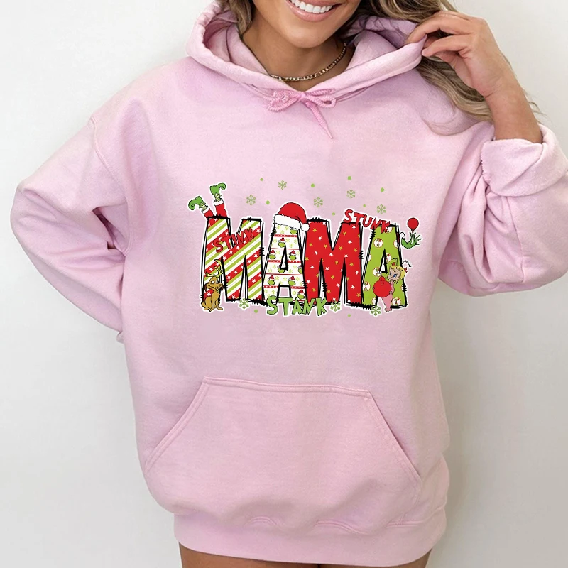 Christmas Mama Cartoon Pullover Hoodie Merry Christmas Gift for Mom Retro Santa Print Christmas Mama Holiday Classic Sweatshirts