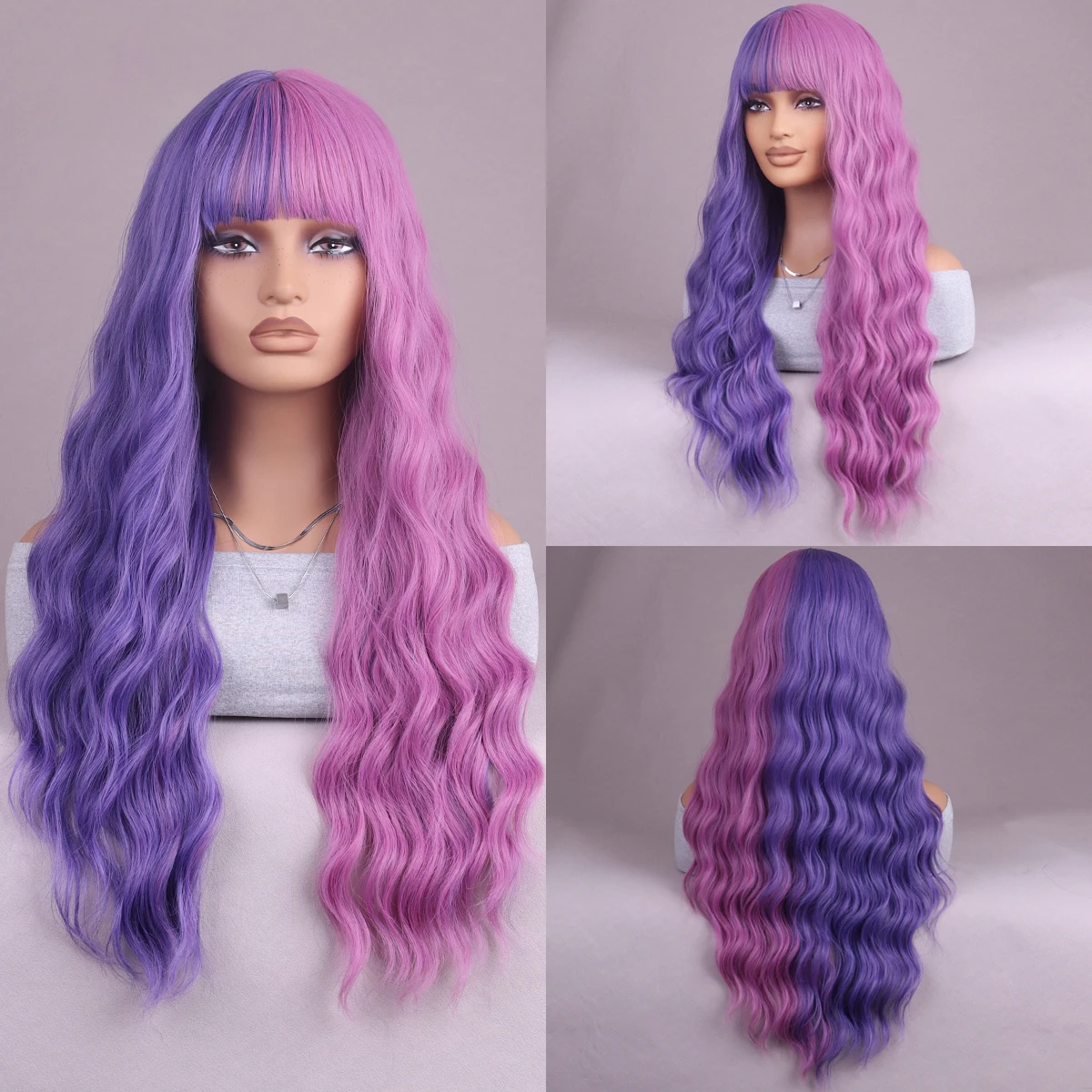 

Light purple purple sweet potato color matching hair fringe long curly hair wave synthetic daily party Wigs