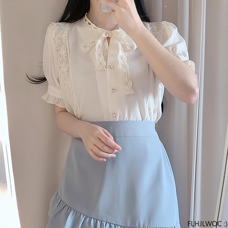 Cute Sweet Girls Japan Korea 2022 Woman Ribbon Bow Tie Retro Vintage Tops Blusas Preppy Style Ruffles Lace White Button Shirts