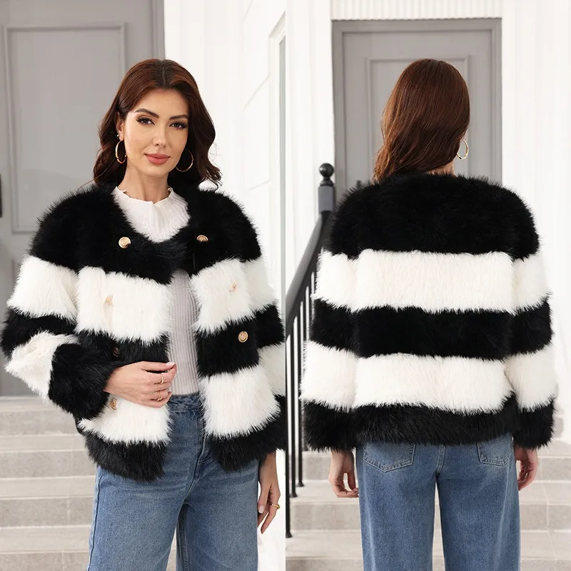 Women's Red and White Black and White Two-color Splicing  Imitation Fur Coat Fur Coat Winter New Elegant Temperament Yangqi