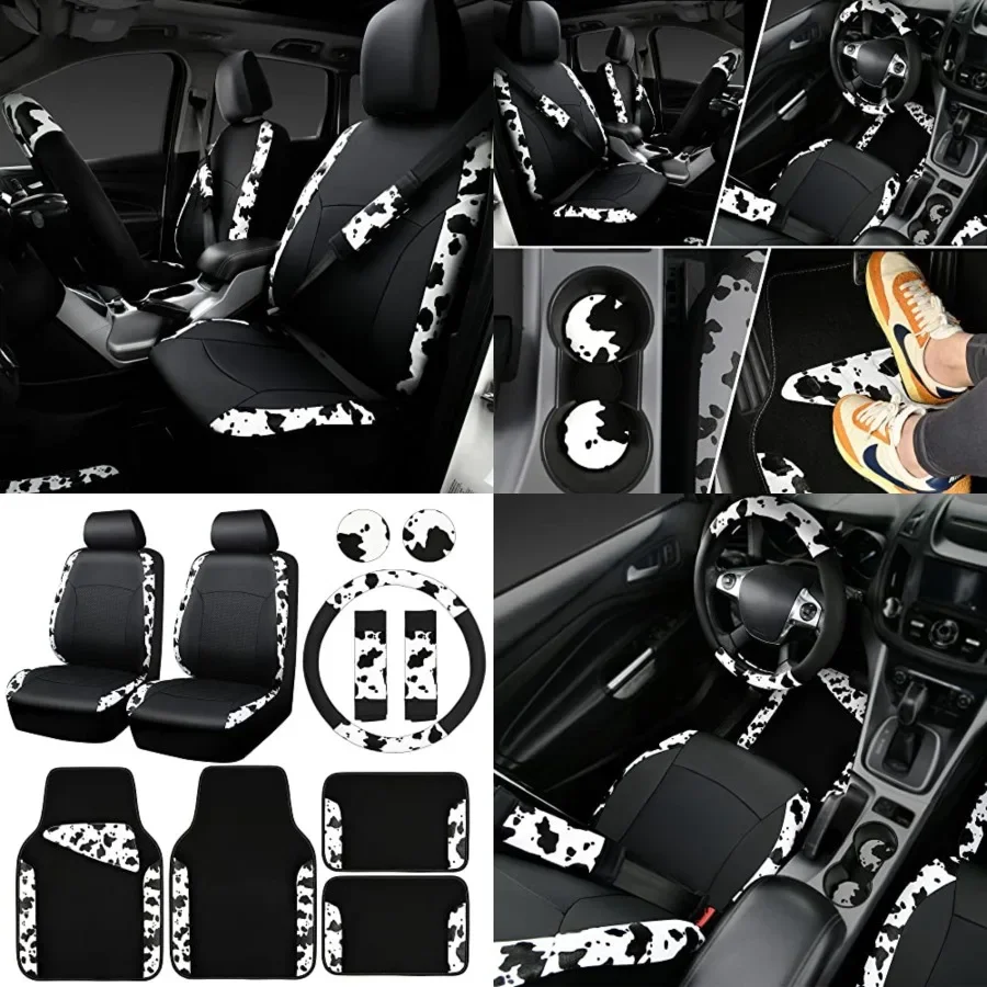 

Cow Print Car Accessories Sets Faux Leather Car Seat Covers & Cow Car Mats & Cow Steering Wheel Cover Seat Belt Pads Universal fit for SUV,Van,Saden,Truck Cute Automobile Interior Sets Women