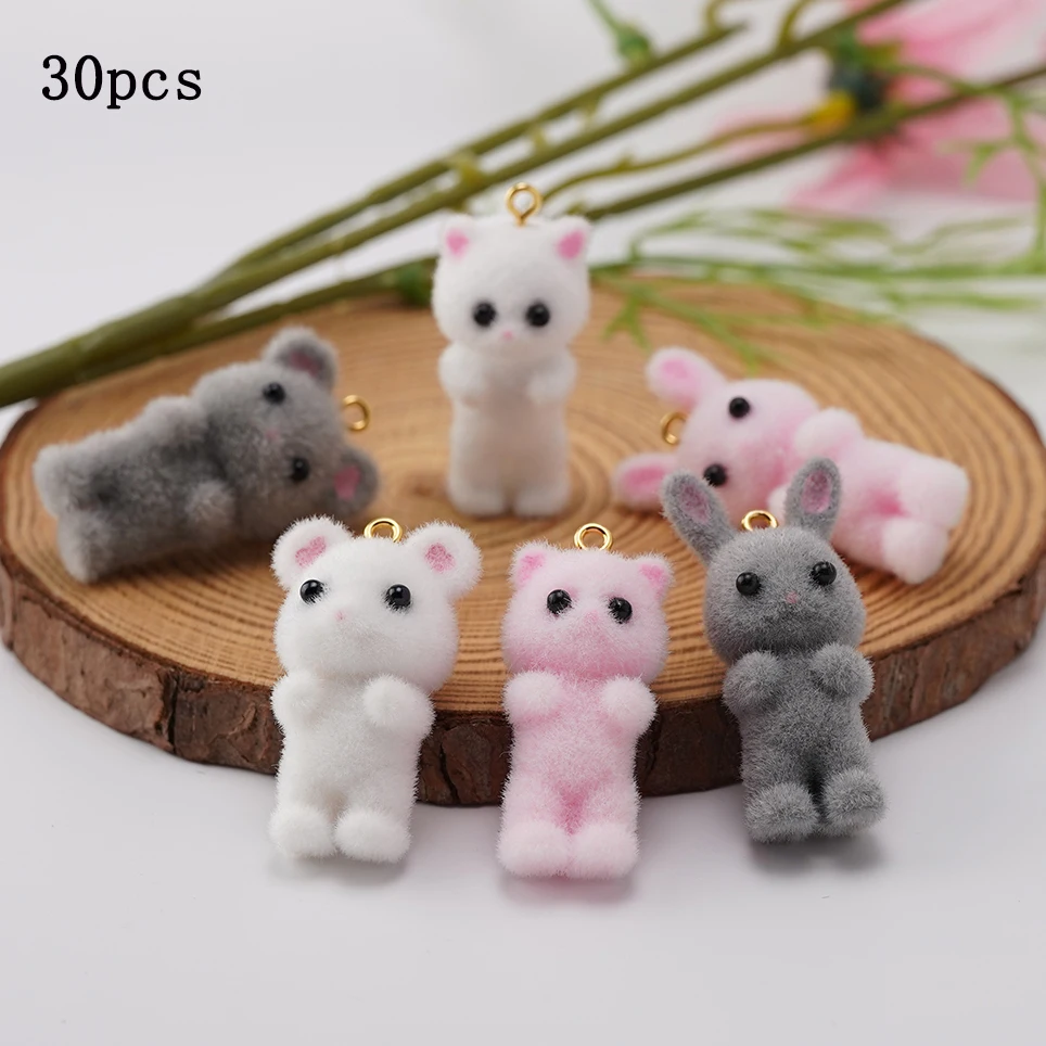 

30PCS 3D Fluffy Flocking resin Charms cute Animal Cat mouse Rabbit Pendant Charms for DIY Jewelry Keychain Necklace Earring Make