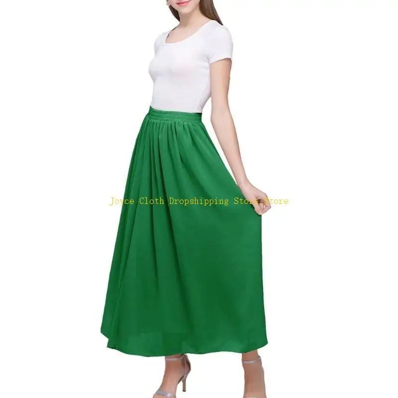 

Women High Waist Solid Color Swing Beach Midi Long Skirt Summer Elastic Waistband Plain Pleated Flowy Skirts 10CD