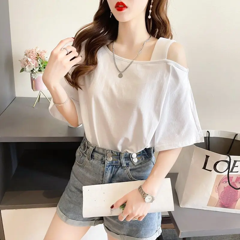 Off Shoulder White Loose T Shirts Summer New Short Sleeve Solid Color All-match Casual Tops Tees Fashion Trend Women Clothing