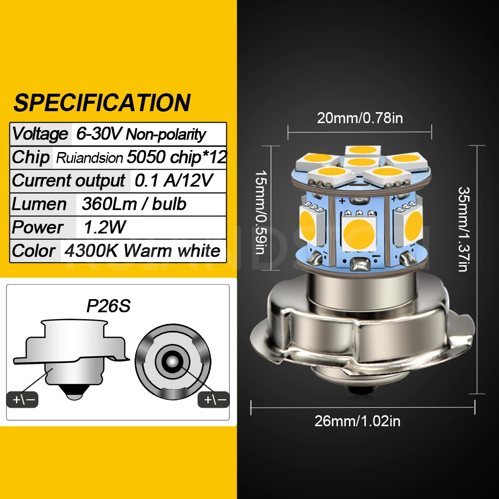 Ruiandsion P26S Motorcycle LED Light 5050 12SMD Chip High Bright Front Headlamp Spot Light White Warm White 6V 12V 24V 360Lm
