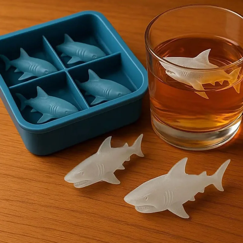 

NEW Ice Trays For Freezer 4 Cavity Shark Shape Reusable Mould Silicone Molds For Home Kitchen Party Family Celebration