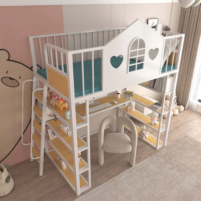 Drap de lit surélevé en fer forgé peu encombrant pour petit appartement, lit superposé supérieur, table inférieure, chambre à coucher, multifonction, vide pour enfants